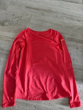 Nike Dri- Fit Girls' Long Sleeve Athletic Top - Coral Red with Yellow Swoosh